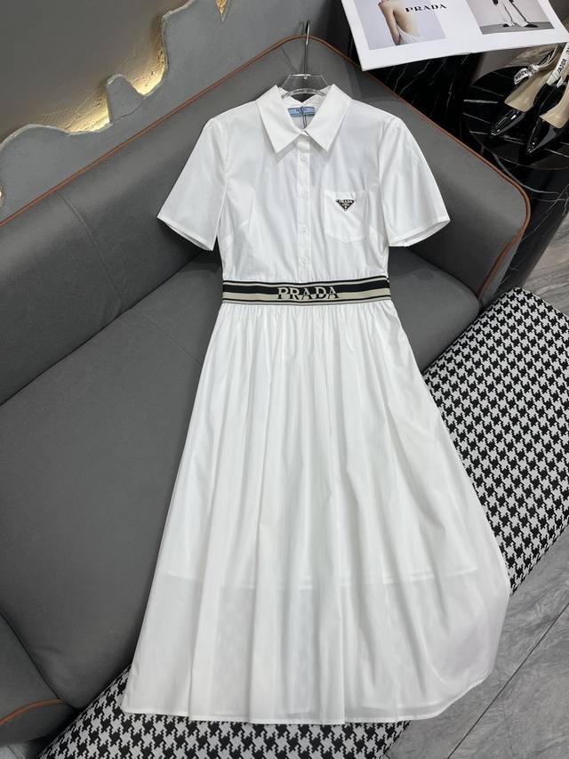 Prad* 24Ss夏季新款衬衫连衣裙 三角标装饰 做工精细 字母织带腰头设计 两色三码sml